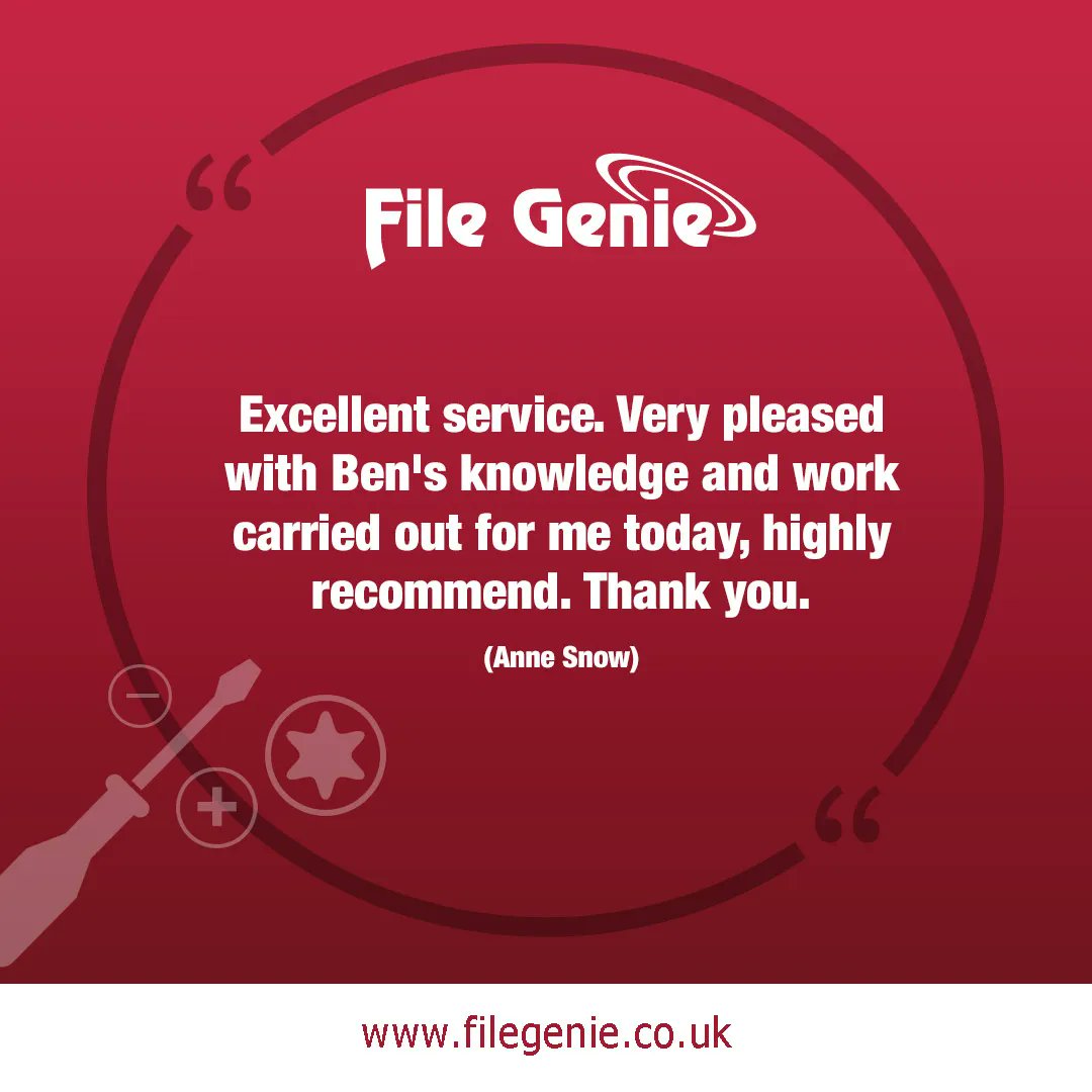 FileGenie's tweet image. "Excellent service. Very pleased with Ben's knowledge and work carried out for me today, highly recommend. Thank you." (Anne Snow)

Thank you for your kind words Anne.

#LaptopRepairs #ComputerRepairs #TechSupport