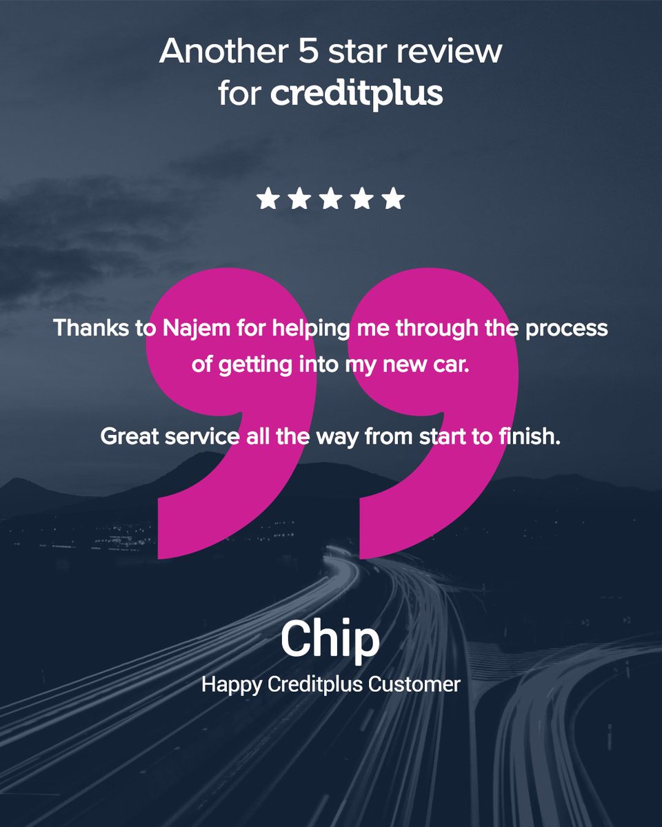 Another fantastic 5 star review for Creditplus from Chip:

“Thanks to Najem for helping me through the process of getting into my new car. Great service all the way from start to finish.”

Glad our complete car buying service worked for you Chip!

#creditplus #carfinance #newcar