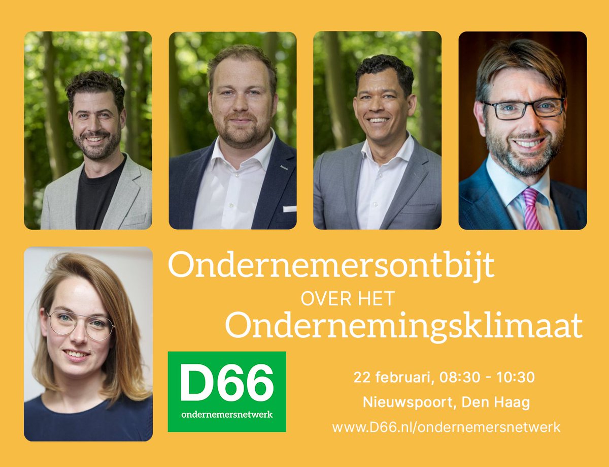 Het #ondernemingsklimaat staat ter discussie. Op 22 februari kunnen ondernemers met elkaar in gesprek en met <a href="/D66/">D66</a> Kamerleden <a href="/RomkeDeJong/">Romke de Jong</a>, <a href="/Ahammelburg/">Alexander Hammelburg</a>, <a href="/svanweyenberg/">Steven van Weyenberg</a>, <a href="/RaoulBoucke/">Raoul Boucke</a>. Special guest <a href="/AfkeGroen/">Afke Groen</a>.  Aanmelden via docs.google.com/forms/d/e/1FAI…