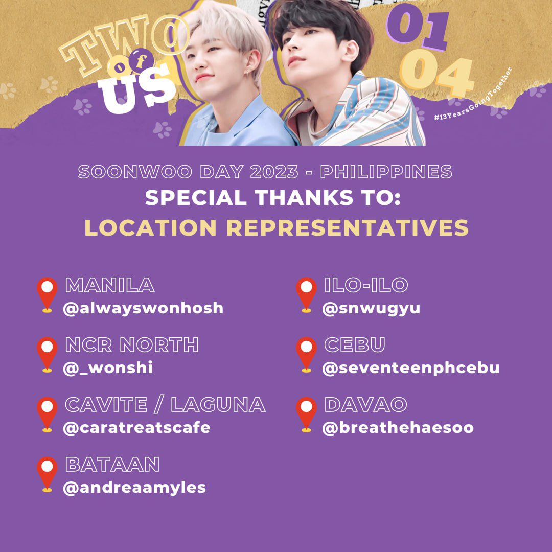 0104cart's tweet photo. “Two of Us” — Soonwoo Day 2023 🇵🇭
#13YearsGoingTogether #0104PH5

We would like to give our special thanks to everyone that made this event possible! 

And to all our attendees &amp; participants, a big thank you for supporting @snwuglobal’s event! 

See you again next year! 💜💛✨ https://t.co/xIvwanNYZC