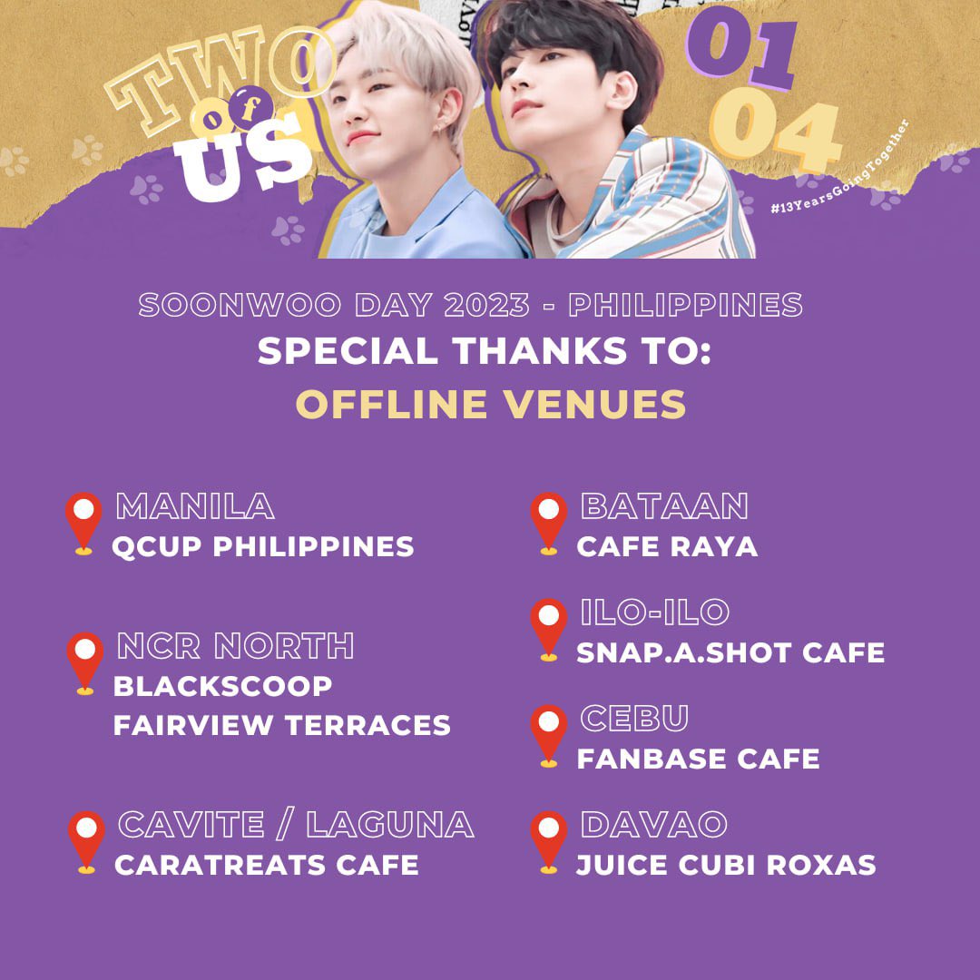 0104cart's tweet photo. “Two of Us” — Soonwoo Day 2023 🇵🇭
#13YearsGoingTogether #0104PH5

We would like to give our special thanks to everyone that made this event possible! 

And to all our attendees &amp; participants, a big thank you for supporting @snwuglobal’s event! 

See you again next year! 💜💛✨ https://t.co/xIvwanNYZC