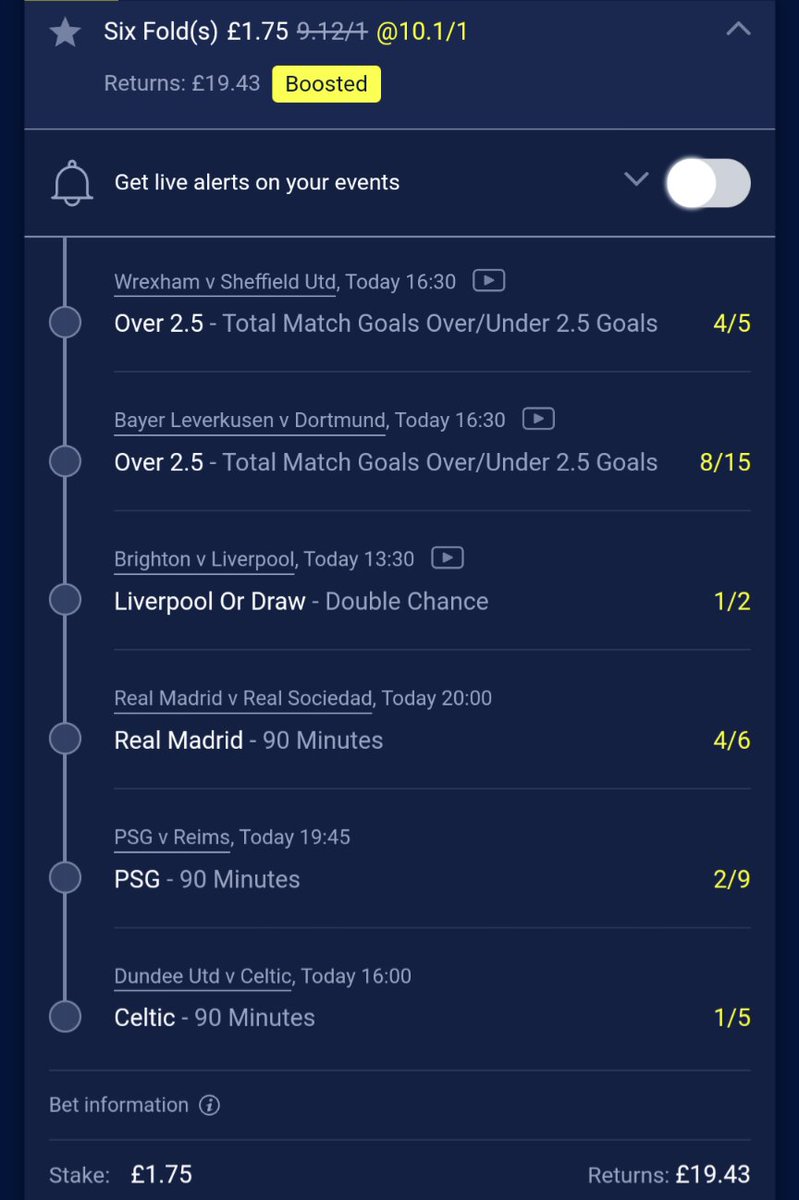 AllVibesBetting's tweet image. Whilst we find a way of making this matched bet work here's our #allvibes acca.
Over 2.5 goals in #WxmAFC Vs #SUFC &amp;amp; #B04BVB ⚽
#LUFC to win or draw in #BHALIV
And all of #RealMadrid , #PSG and #CelticFC to win!