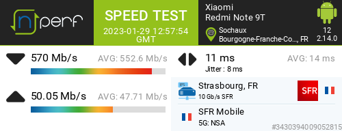 twitt_yann's tweet image. ↓570026 kb/s ↑50053 kb/s, ⇄ 11 ms / mobile: #SFR Mobile / #RedmiNote9T / #nPerf v2.14.0 / #5G #Sochaux