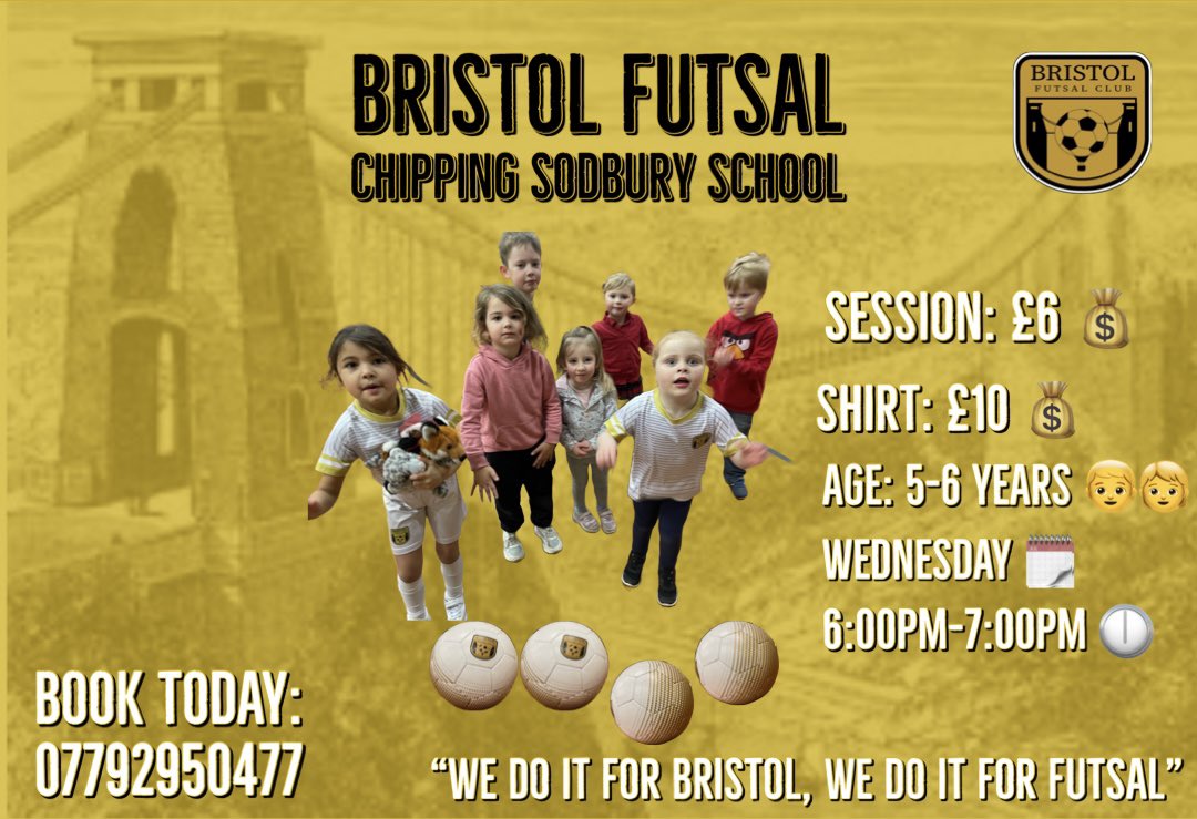 Wednesday Session Booking OPEN ✅

Venue: Chipping Sodbury School (Old Gym)

Cost: £6

Age 5-6 Time: 6:00pm-7:00pm

New players need to send over full name, date of birth, any medical conditions and parents mobile number. First sessions are free 😃