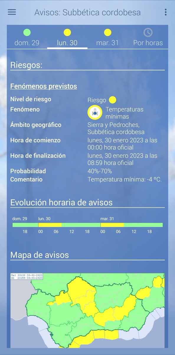 lucena_meteo's tweet photo. Aemet activa ⚠️ aviso amarillo para las dos próximas madrugadas en nuestra zona, por ❄️ bajas temperaturas, al igual que en resto de la provincia de Córdoba https://t.co/bYbwwBkZQQ
