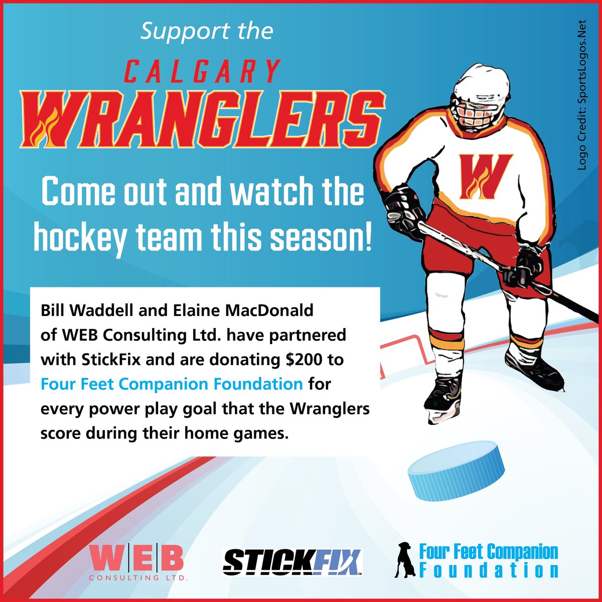 For every power play goal the <a href="/AHLWranglers/">Calgary Wranglers</a> score during their home games, StickFix will donate $200 to Four Feet! He shoots 🏒, he scores 🚨, animals win! 🐶 🐱 🐰 Our thanks to Bill Waddell and Elaine MacDonald for ongoing support 💙 #yyc #yychockey