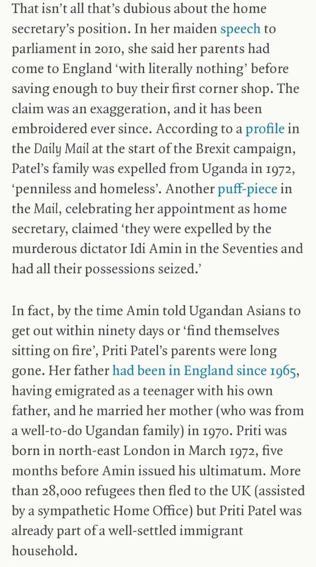 BrexitBuster's tweet image. Priti Patel’s claims about her family being penniless refugees arriving in Britain from Amin’s Uganda are just another pack of lies. Her parents came here as economic migrants in the mid-1960s. Idi Amin seized power in 1971 and expelled the Ugandan Asians in 1972.
#PritiFake