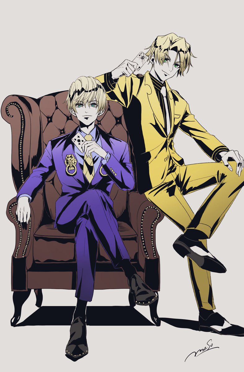 blonde hair formal suit necktie multiple boys 2boys sitting  illustration images