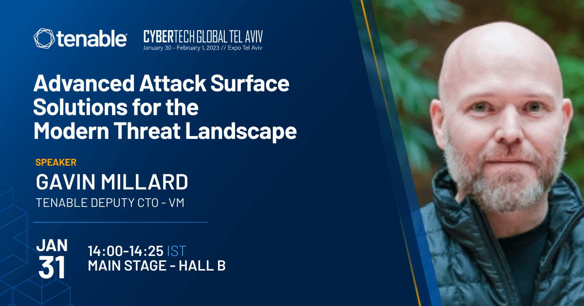 TenableSecurity's tweet photo. Attending @Cybertech_Globl this week? Make sure you stop by the Tenable booth to meet the team and learn more about #exposuremanagement. 

Our Deputy CTO - VM Gavin Millard will be presenting on advanced #attacksurface solutions. https://t.co/Dt0iIGKgEe