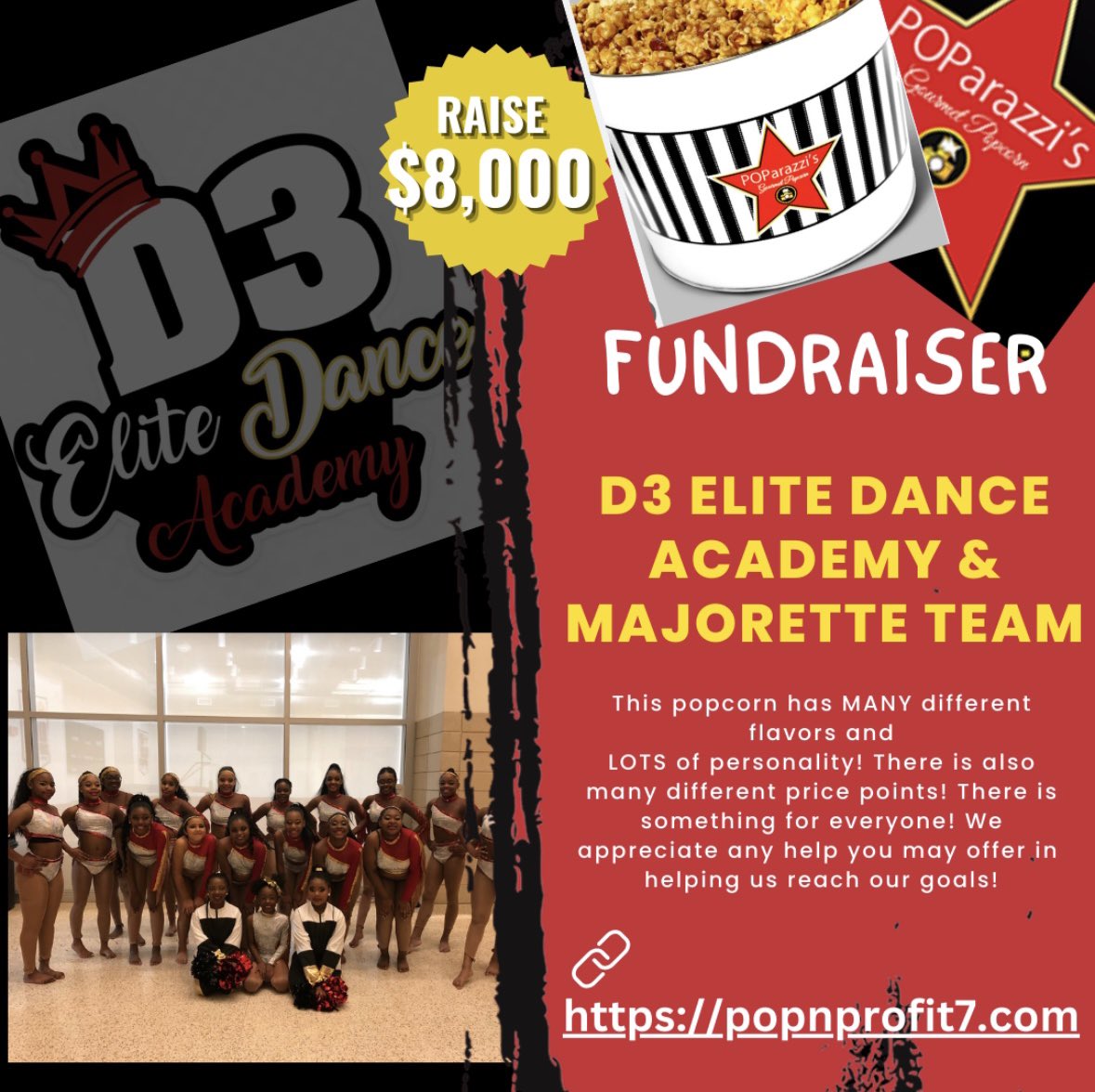D3EliteDance's tweet photo. 🚨FUNDRAISER ALERT!🚨 Our goal is $8,000! This popcorn has every flavor imagine including ones inspired by the divine nine 😉 Use our link https://t.co/4Dbt3sNO8m to make a purchase and don’t forget to put your dancers name in (they get a reward for selling the most)! 💫 https://t.co/rU7HTrM0l8