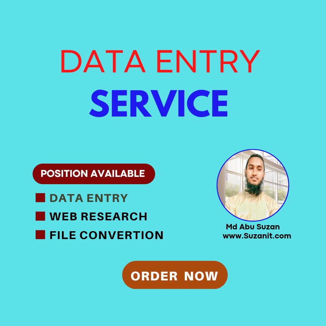 I needs data entry work??? 
8 hours work Only 5 Dollar’s...
Order Now: suzanit.com
#accounting #datascientist #realestateva #technicalsupport #datascience #remotestaff #work #realestatevatask #crm #dataentryprojects #customerservice #fiverr