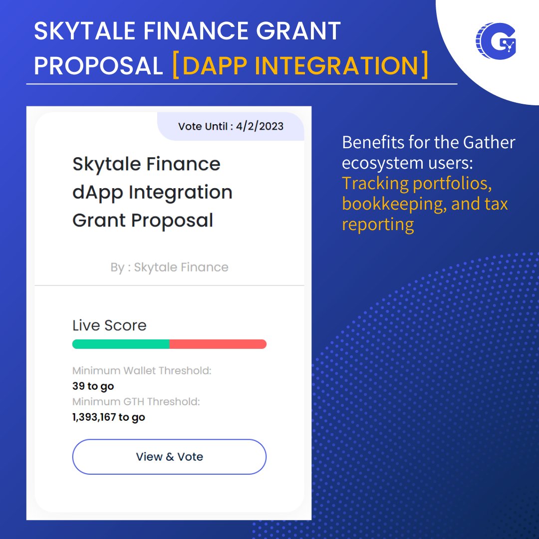 Skytale.finance is a #dapp looking for a grant to bring portfolio tracking, bookkeeping, and tax reporting to the Gather #blockchain. Read the full proposal here: proposals.gather.network/#/proposal/vie… Connect your wallet & cast your vote. Voting won’t cost any $GTH. Ends: 4th of Feb