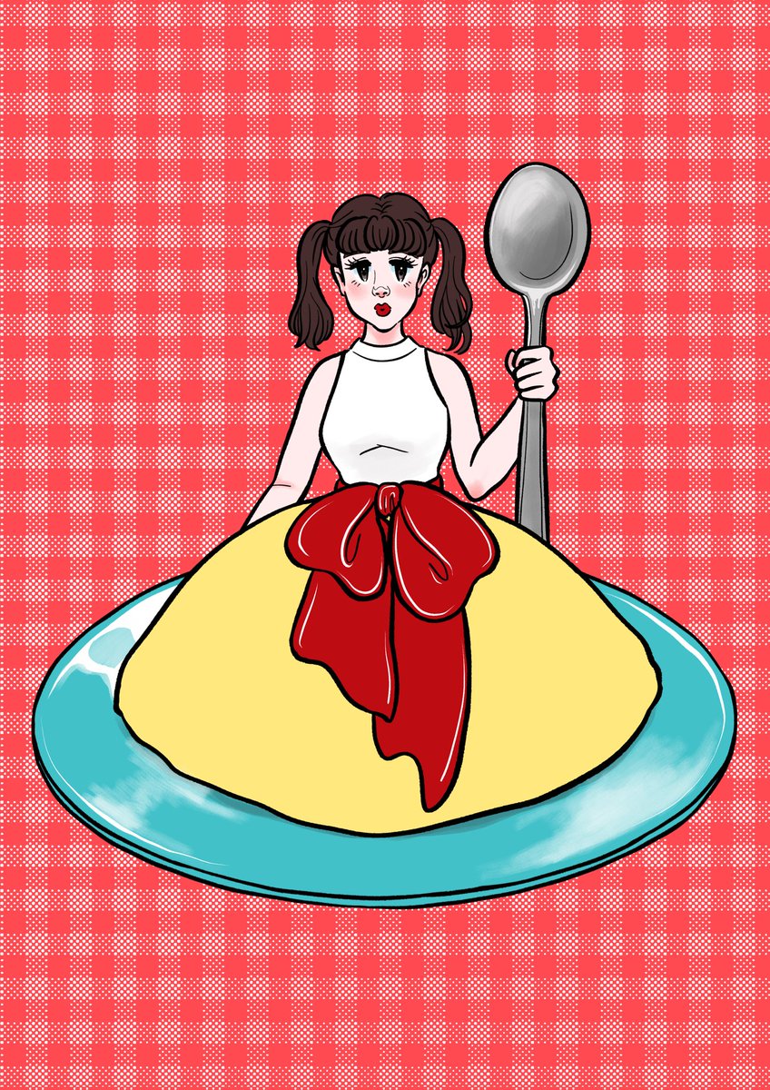 1girl solo spoon plaid background twintails omurice food  illustration images