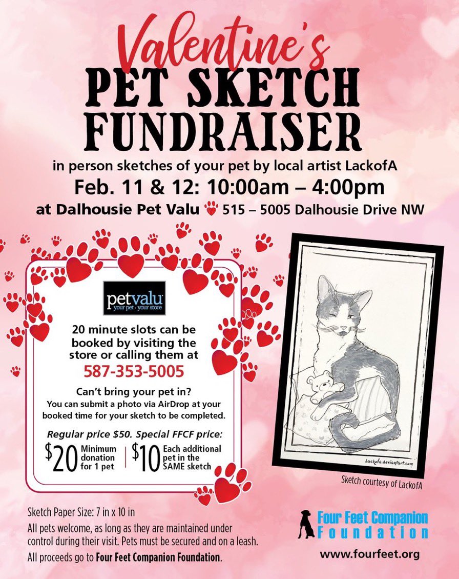 Come get a sketch of your li’l valentine at Dalhousie Pet Valu on Feb 11 &amp; 12! 💙

The INCREDIBLE local artist LackofA will be sketching between 10am - 4pm each day!  

#yyc #yycevents #yycart #fourfeetcompanionfoundation #yyccharity #yycdogs #yyccats