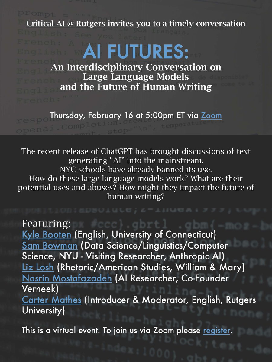 CriticalAI's tweet photo. Join us and @sleepinyourhat @nasrinmmm Kyle Booten &amp; Liz Losh - 2/16 register here https://t.co/nGlda3i3L9 https://t.co/lUcobiKG61