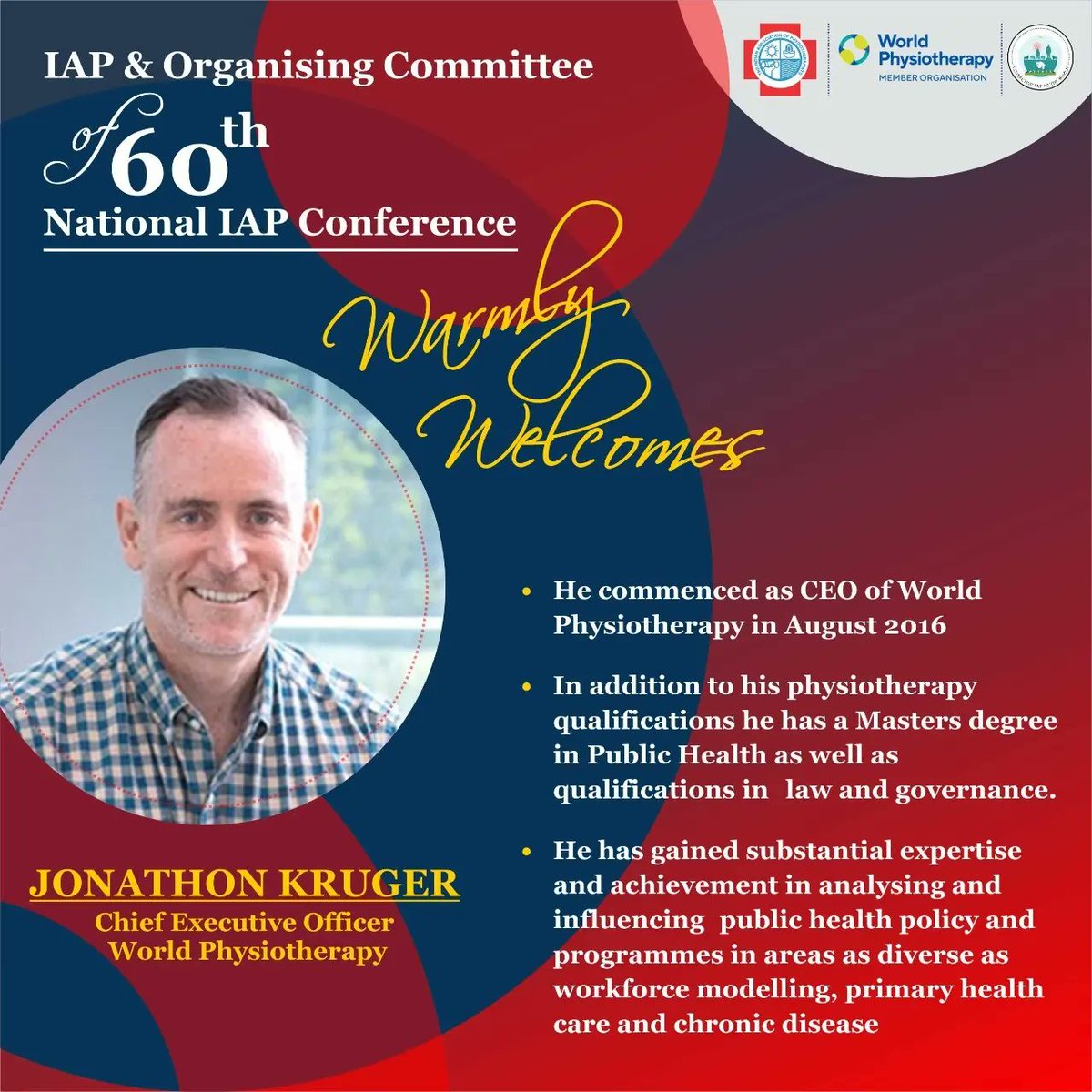 india_iap's tweet photo. We are eager to welcome President @WorldPhysio1951 and CEO of #Worldphysiotherapy at 60th #IAP conferance.. https://t.co/wnGtHoaqkZ