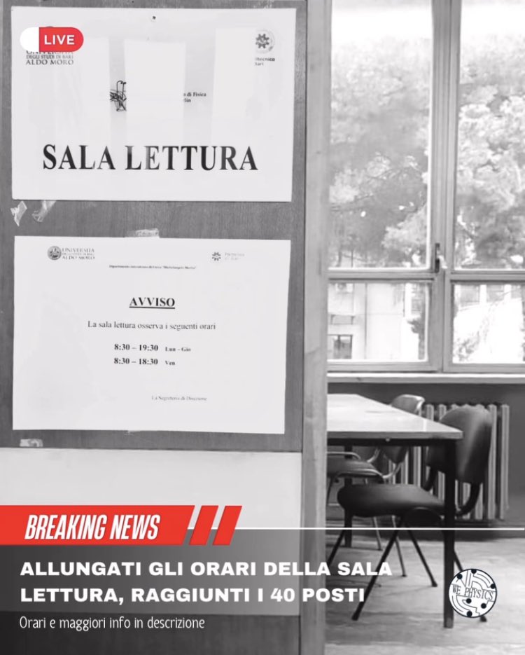 ✨ *SALA LETTURA* ✨

In questi giorni ci siamo attivati per migliorare la sala lettura al primo piano del nostro Dipartimento.

La sala lettura ha ora 40 posti disponibili per gli studenti e i seguenti orari 📚🪑:

•Lun-Gio: 8.30/19.30
•Ven: 8.30/18.30