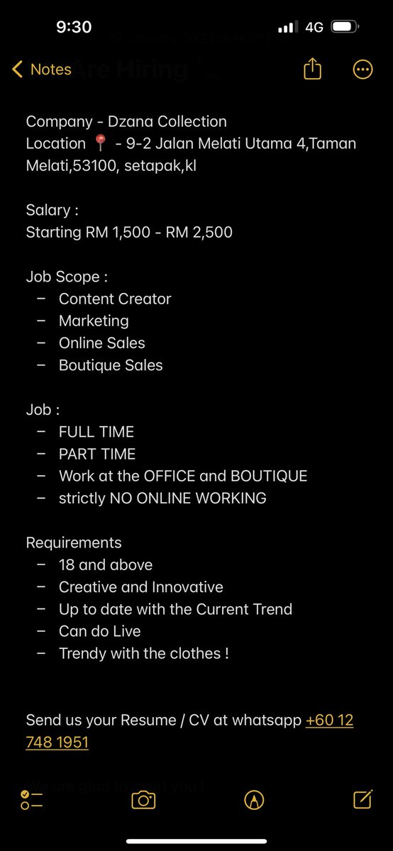 dzanacollection's tweet photo. DZANA COLLECTION WANT YOU ! 
We are now hiring 
⁃Content Creator
⁃Marketing
⁃Online Sales 
⁃Boutique Sales 
Salary :
Starting RM 1,500 - RM 2,500 
Location 📍 - 9-2 Jalan Melati Utama 4,Taman Melati,53100, setapak,kl 
whatsapp us +60 12 748 1951 

Kerja Kosong KL https://t.co/S5s1cTs3op