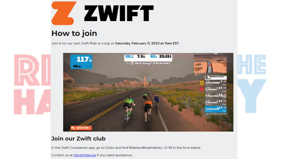 Hey Zwifters! Join us for our next Ride-a-Long on Saturday, February 11 at 11AM East Coast time. All members of the club will receive an invite on February 6. If you are not in our club, join now! #ridehardbreatheeasy