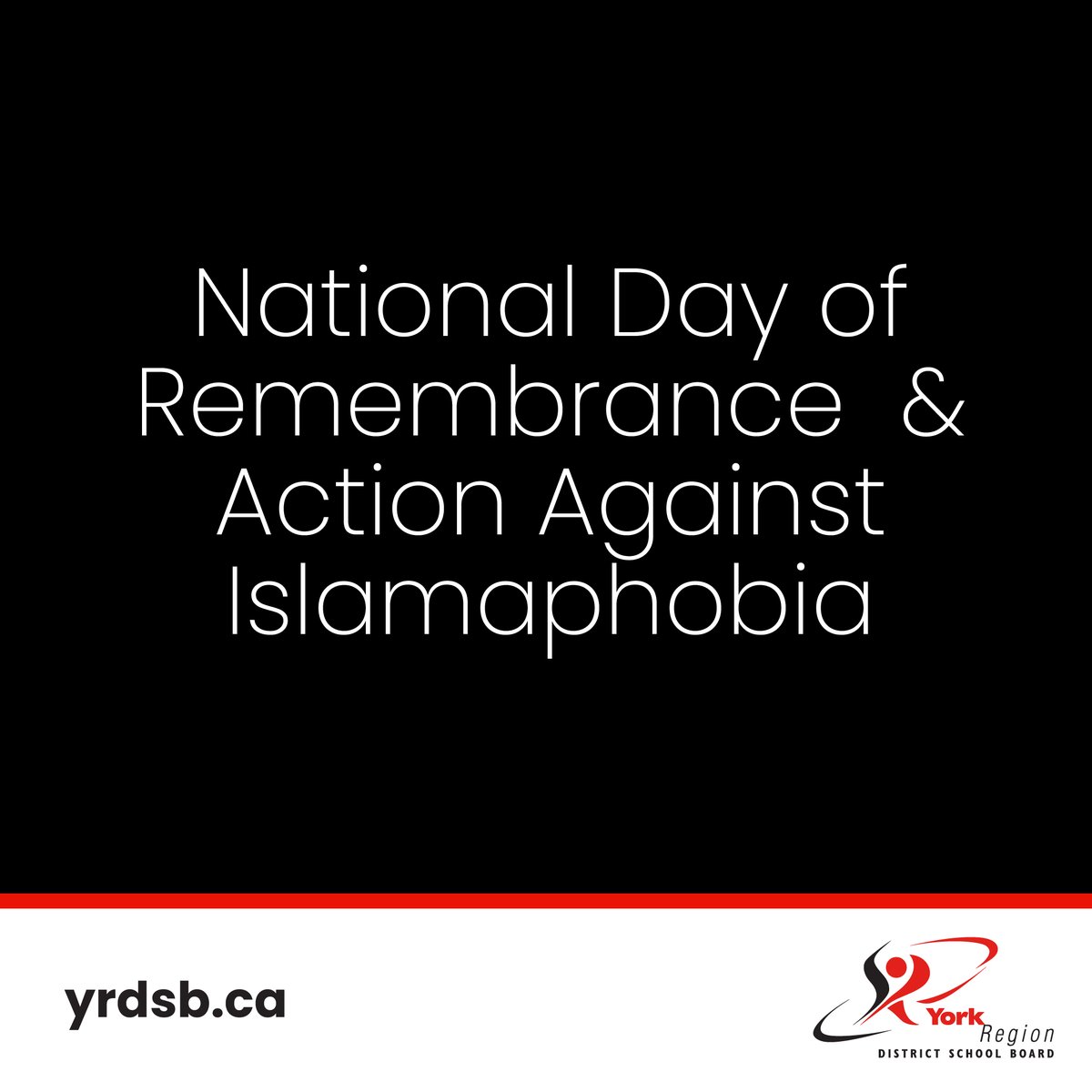 Today we recognize the National Day of Remembrance  &amp; Action Against Islamaphobia.

We remember the 6 victims of the Quebec mosque attack &amp; extend our deepest sympathies to their loved ones &amp; those affected.

At #YRDSB we stand united against Islamaphobia and all forms of racism.