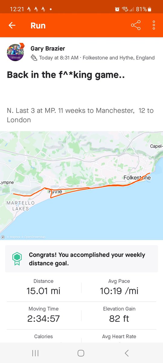 15 miles non stop with a few at MP to finish up with, 36 days after being in A&amp;E after rolling my ankle.