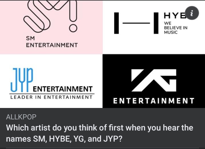 starfess's tweet photo. Which artist do you think of first when you hear the names: SM, YG, JYP and HYBE..?

Just for fun yaa guys..
-base https://t.co/vxrbTEeEEX