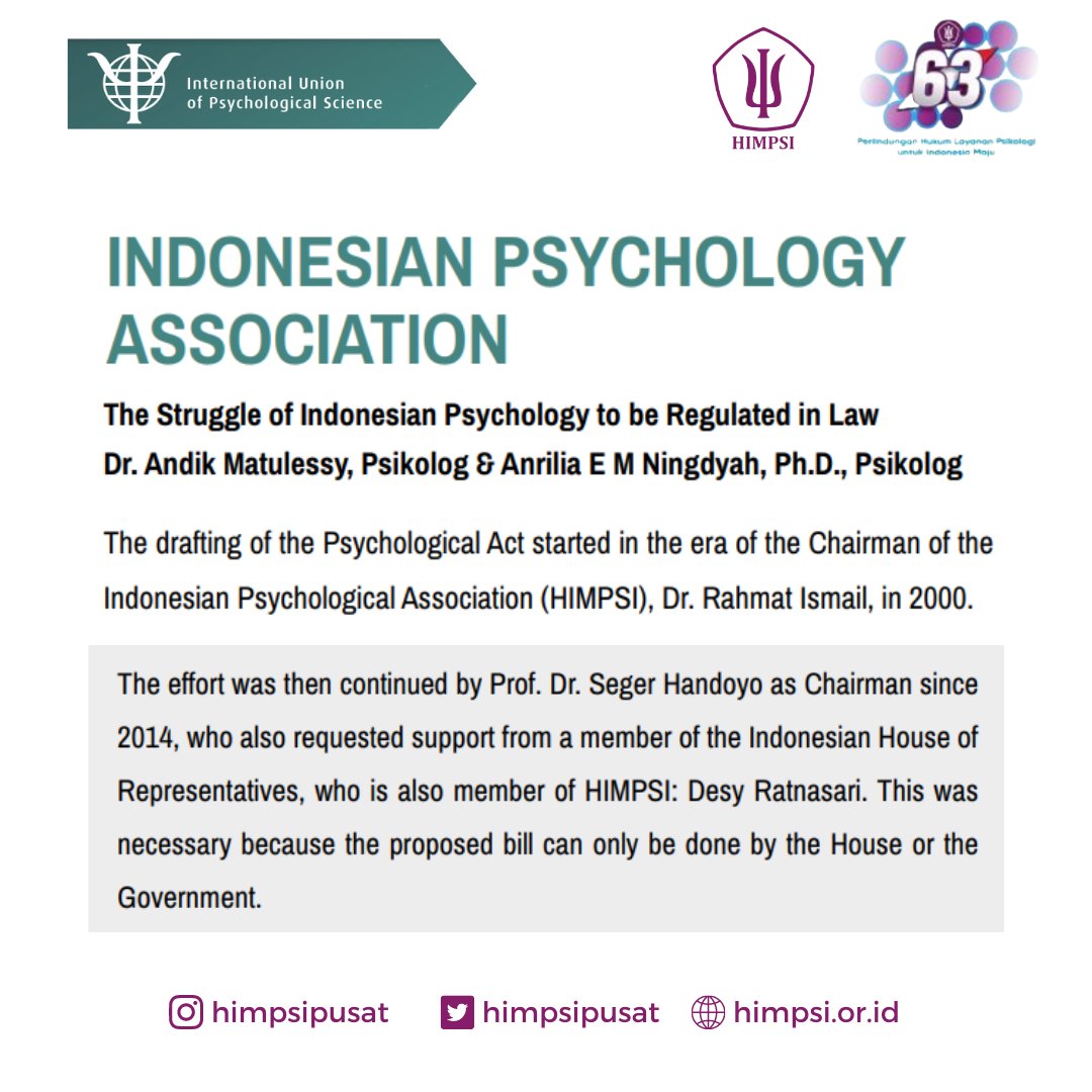 himpsipusat's tweet photo. IUPsyS Buletin: "News from Indonesian Psychology Association, as part of National Members, Regional Members and Affiliates of International Union of Psychological Science"
Baca selengkapnya di https://t.co/lxySXyHx27
#HIMPSI
#HIMPSIPUSAT
#63TahunHIMPSI
#HIMPSIadalahKITA https://t.co/cY7RdSGhMV