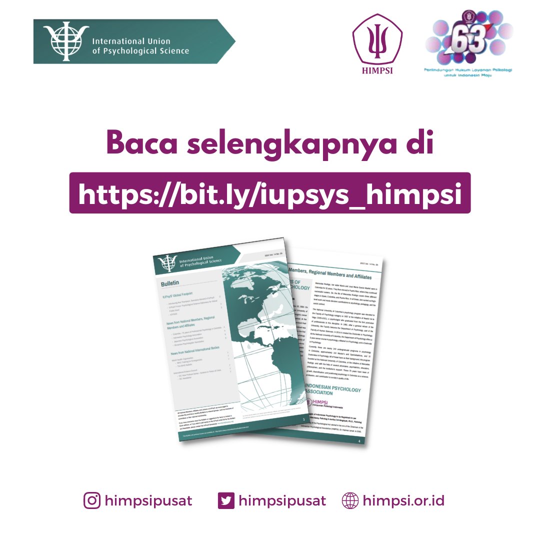 himpsipusat's tweet photo. IUPsyS Buletin: "News from Indonesian Psychology Association, as part of National Members, Regional Members and Affiliates of International Union of Psychological Science"
Baca selengkapnya di https://t.co/lxySXyHx27
#HIMPSI
#HIMPSIPUSAT
#63TahunHIMPSI
#HIMPSIadalahKITA https://t.co/cY7RdSGhMV