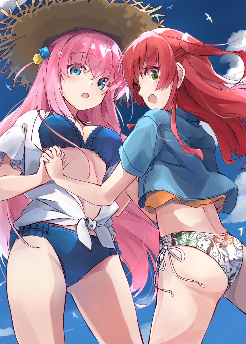 2girls ass bikini bird blue eyes day green eyes  illustration images