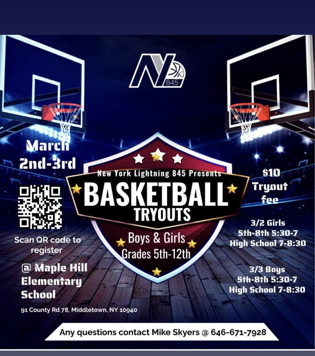 Mark your calendars, New York Lightning 845 Tryouts has been announced. Thursday March 2, 2023 &amp; Friday March 3, 2023. 10 dollar grade based tryout fee, times and location are on the flyer. To pre register scan the QR Code or contact the phone # on the flyer.