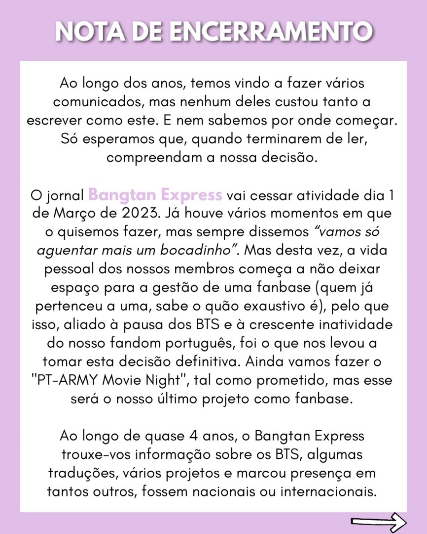 bangtan_express's tweet photo. ⚠️ COMUNICADO

PT-ARMYs, pedimos que tirem um minutinho do vosso tempo para lerem este aviso, para que não sejam apanhados de surpresa em Março. Não foi fácil escrevê-lo, mas é necessário.

Tudo o que vos queremos dizer, está aqui 💜👇🏻 Esperamos que compreendam. Obrigada! https://t.co/uT4eskl9Go