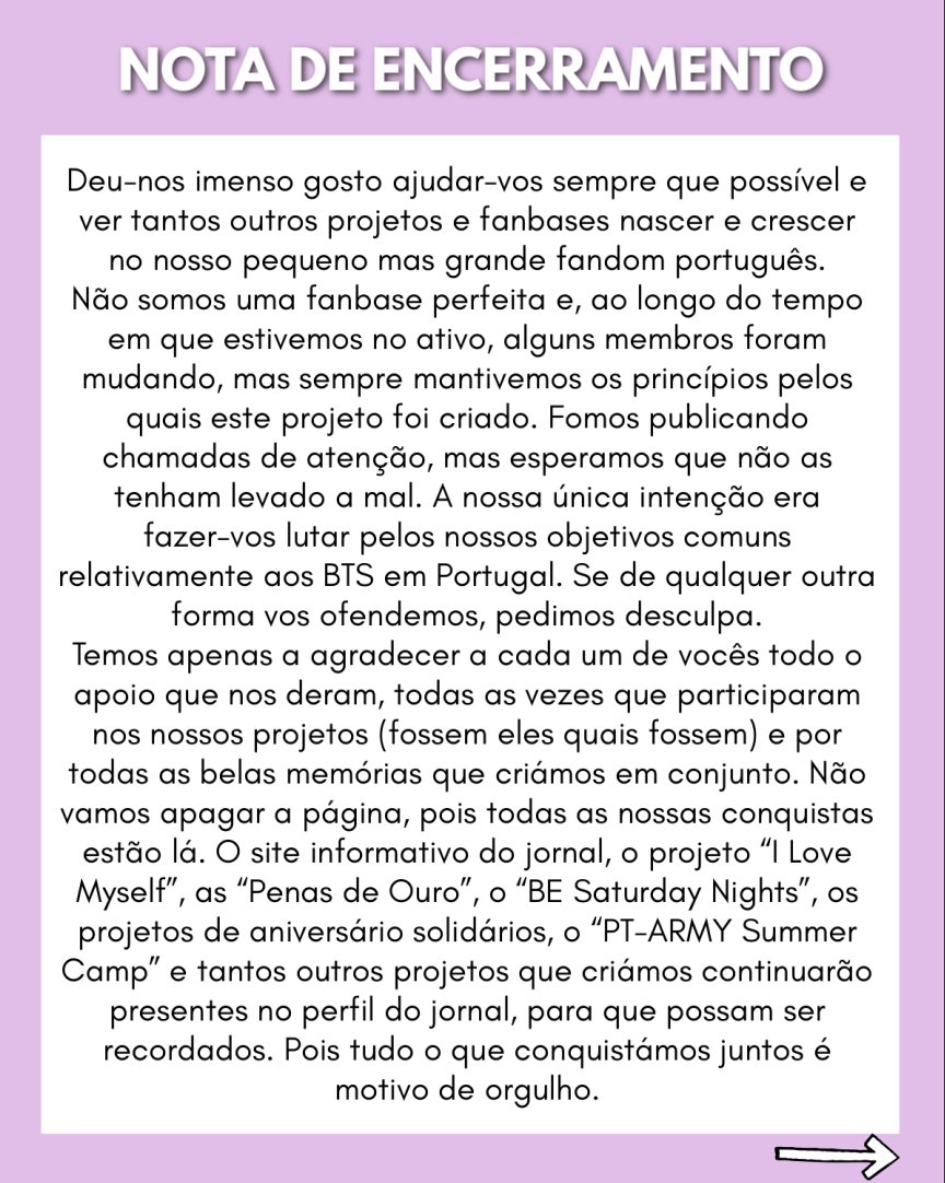 bangtan_express's tweet photo. ⚠️ COMUNICADO

PT-ARMYs, pedimos que tirem um minutinho do vosso tempo para lerem este aviso, para que não sejam apanhados de surpresa em Março. Não foi fácil escrevê-lo, mas é necessário.

Tudo o que vos queremos dizer, está aqui 💜👇🏻 Esperamos que compreendam. Obrigada! https://t.co/uT4eskl9Go
