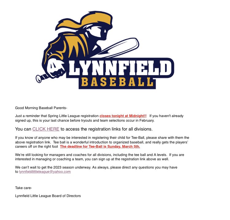 LeagueLynnfield's tweet photo. ⚾️Registration Closes tonight 1/29/23

https://t.co/LlZbG5C1iw https://t.co/BGQEFeiwcf