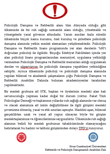 Ruh sağlığı hizmeti sunan uzmanlar ve sunacak olan öğrenciler arasında ayrımcılık, kutuplaştırma ve düşmanlığa sevk eden bu tür girişim ve açıklamaları kınıyoruz. <a href="/TPDBilgi/">Türk Psikologlar Derneği</a> 
<a href="/turkpdrdernegi/">Türk PDR Der- Psikolojik Danışma ve Rehberlik</a>
<a href="/mesutyldrm_pdr/">Mesut YILDIRIM</a>
<a href="/turkpdrdestek/">Türk PDR Destek</a> 
<a href="/pdrdersivas/">Türk PDR Derneği Sivas İl Temsilciliği</a> 
<a href="/PdokSivas/">Pdok Sivas Cumhuriyet Üniversitesi</a>
<a href="/cupdrkulubu/">CÜ PDR KULÜBÜ</a>