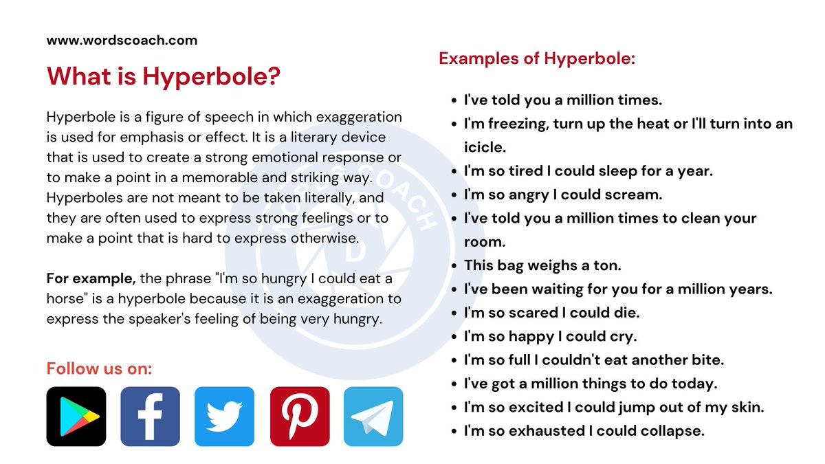 wordscoach's tweet photo. What Is Hyperbole? – Meaning and Definition
https://t.co/QlUChAjkQY
APP: https://t.co/Q5ZqBGFdtA
#grammer #english #cat #vocabulary #mba #grammerph #learnenglish #learning #gay #igers #education #ielts #ssc #englishteacher #englishvocabulary #learningenglish #insta #lrdi #esl https://t.co/AT1Tyuuths