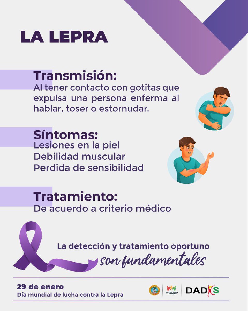 DadisCartagena's tweet photo. Día Mundial de la #Lepra.

La pérdida de sensibilidad en la Piel es de cuidados especiales. 
❌No estigmatizar 
❌No automedicarse 
🏥Consulta los servicios de Salud a tiempo.
💊Los tratamientos son gratuitos 
La detección y tratamiento oportuno son fundamentales. https://t.co/7cX4HSzeMf
