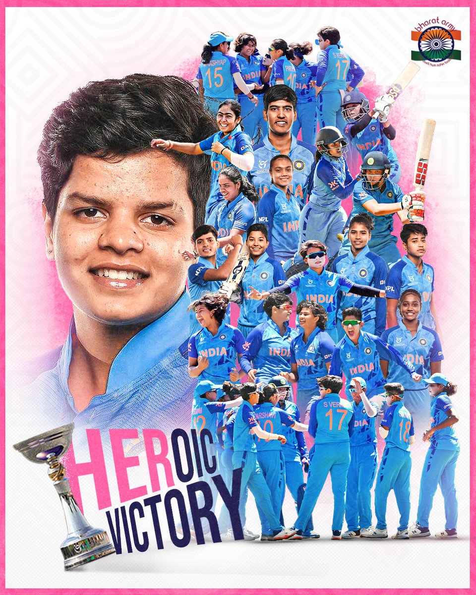 thebharatarmy's tweet photo. 🏆 𝐖𝐄 𝐀𝐑𝐄 𝐓𝐇𝐄 𝐂𝐇𝐀𝐌𝐏𝐈𝐎𝐍𝐒! Congratulations to Shafali &amp; co. on making history.

🇮🇳 Indian women are the inaugural Women's U19 T20 World Cup Champions!

�� Getty • #INDvENG #ENGvIND #U19T20WorldCup #TeamIndia #BharatArmy #COTI🇮🇳 https://t.co/vwrLz6pVYP