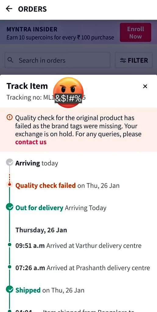 indranil9286's tweet image. @myntra #worstservice #duplicacy Raised a return request for a product for the size issue. The delivery agent didn&apos;t turn up at all. But the app shows a message that the return is put on hold due to missing tags in the original item, where the original is still with me.