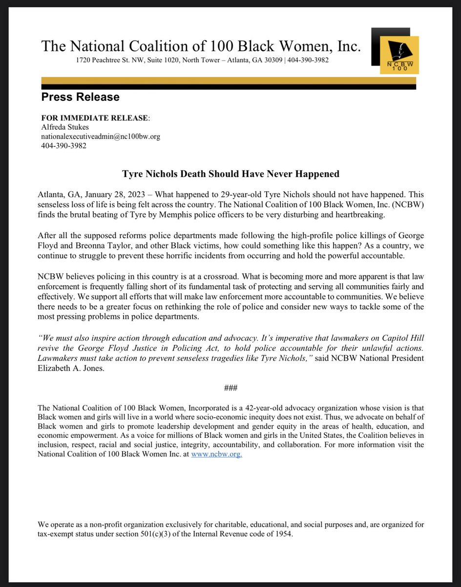 Statement from the National office of the National Coalition of 100 Black Women on the death of Tyre Nichols.