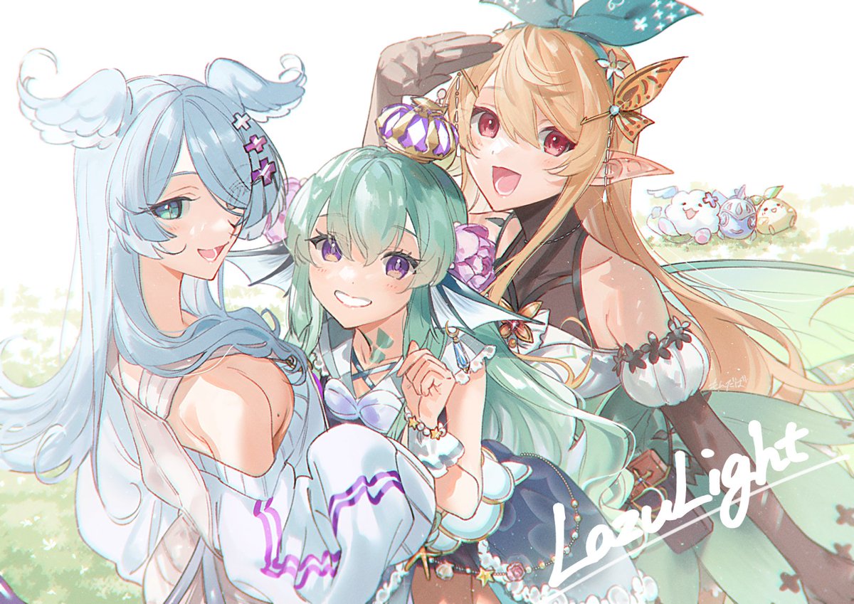 3girls bangs black gloves blonde hair blue eyes blue hair butterfly hair ornament  illustration images