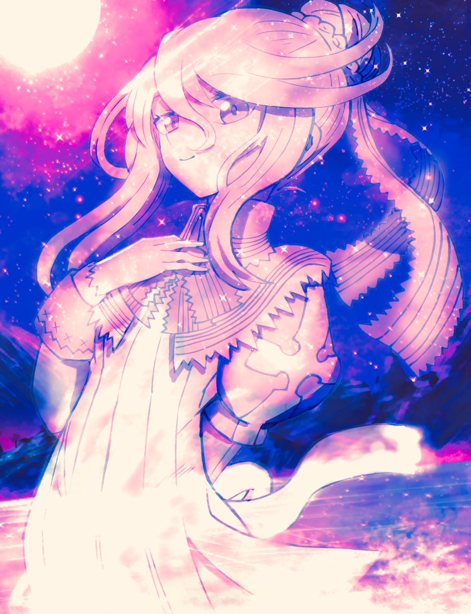1girl dress hair bun hand on own chest long hair looking at viewer moon  illustration images