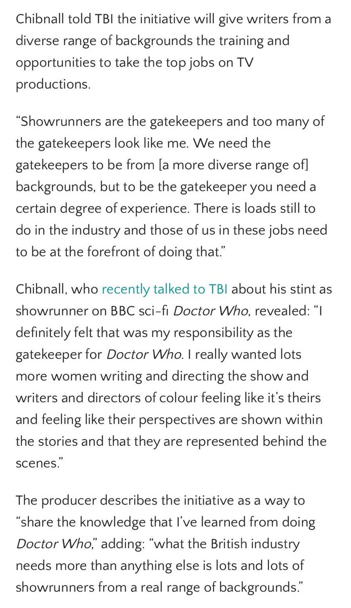 i really love chris’s attitude towards helping to raise a new generation of doctor who writers, and you can see it manifest in the diversity of his era. feels like a breath of fresh air