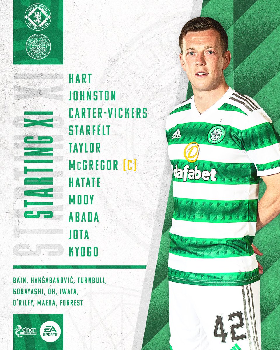 CelticFC's tweet photo. 🟢 #CelticFC Team News from Tannadice ⚪️ 

💚 Callum McGregor set to make his 400th appearance!
📋 Greg Taylor makes his return
🇰🇷 Oh named among the subs

#DUFCCEL | #cinchPrem | #COYBIG🍀 https://t.co/PBbYj6FTub