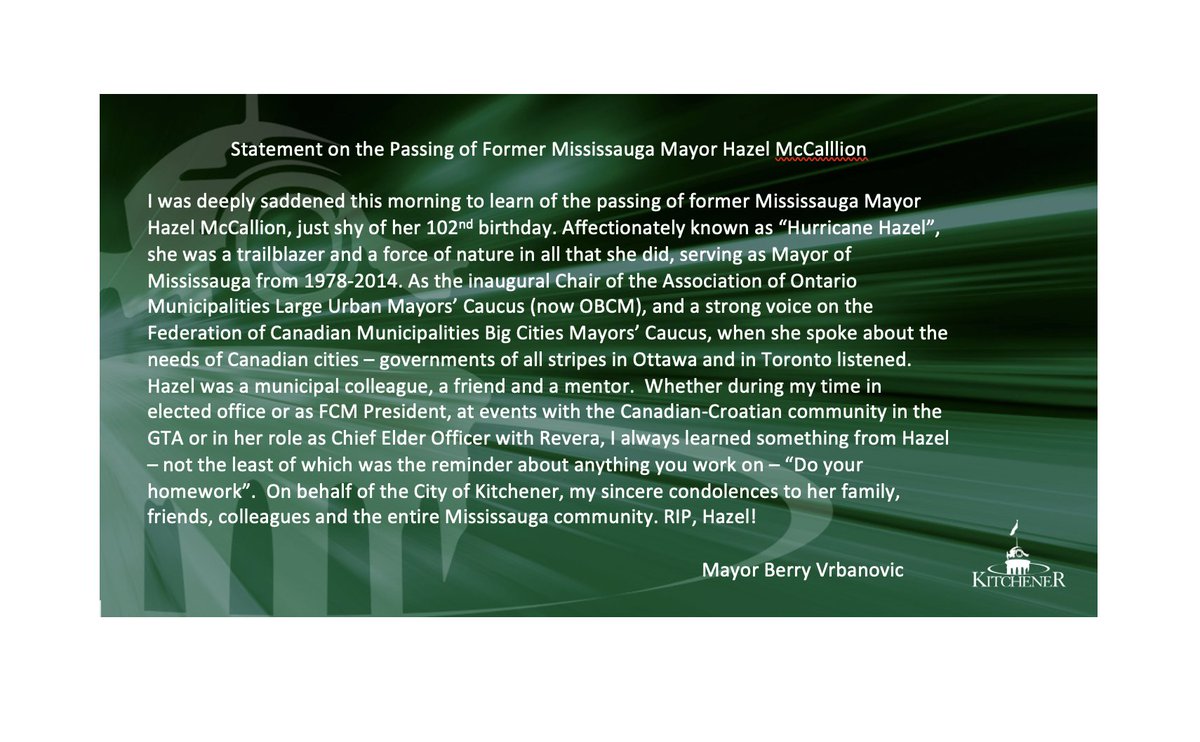 Berry Vrbanovic on Twitter "Deeply saddened to learn of the passing of former citymississauga