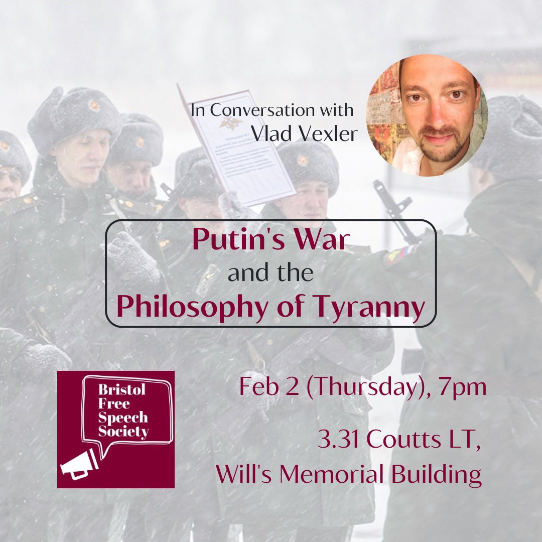 Bristol Free Speech Society (@brisfreespeech) on Twitter photo Who is to blame for the atrocities of war, and why? Join us this Thursday for a deep dive into the realm of ideas featuring <a href="/VladVexler/">Vlad Vexler</a>, who will uncover the cultural and philosophical causes to tyranny and the Russo-Ukrainian war.
Tickets / more info⬇️
bristolsu.org.uk/groups/bristol… Who is to blame for the atrocities of war, and why? Join us this Thursday for a deep dive into the realm of ideas featuring <a href="/VladVexler/">Vlad Vexler</a>, who will uncover the cultural and philosophical causes to tyranny and the Russo-Ukrainian war.
Tickets / more info⬇️
bristolsu.org.uk/groups/bristol…