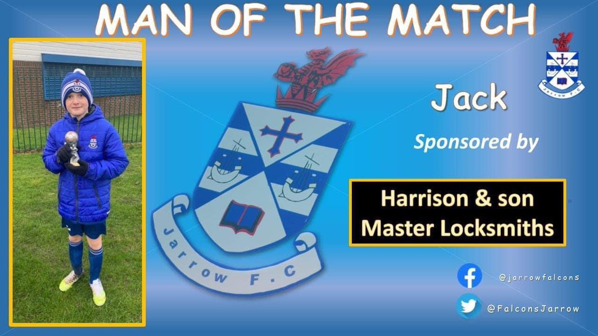 FalconsJarrow's tweet photo. Well done to Jack who was our Man of the Match on Saturday morning.Up against some difficult attackers,a solid defensive performance by him in both defensive positions👍🏻⚽️

Player sponsored by Harrisons Locksmiths

Team sponsored by
A&amp;J Power Services 
Top Marks Ltd.

@jarrow_fc https://t.co/DWjXLnO0Is