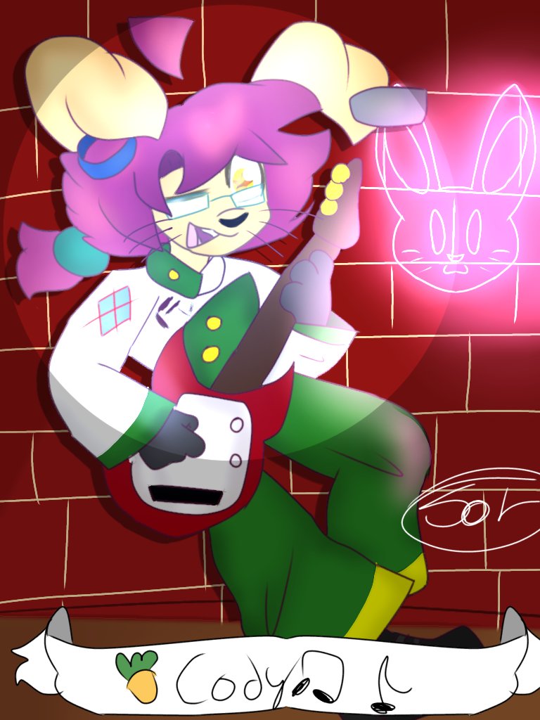 SpeedpaintBun's tweet photo. Here's the official Cody art! He's just sittin' that's all! 

#bunny #male #banduniform #guitar #earring #whiskers #yellow #green #heartwarming #heartmelting #cute #kawaii #wholesome #digitalartist #neonsign #musician #Glasses #rabbit #artistontwitter #bun #brick #banner #Memes https://t.co/eHoVSJ9yLm