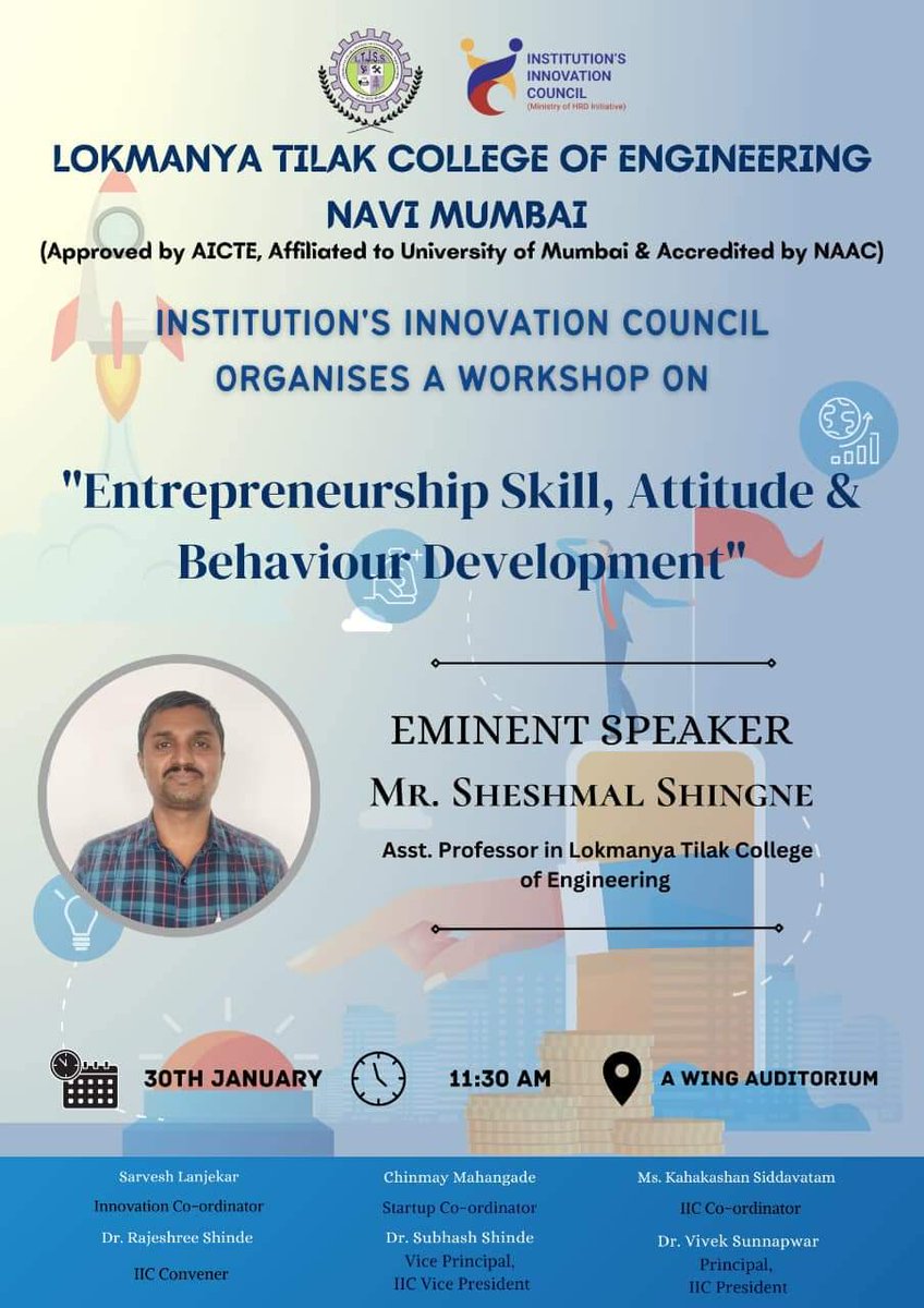 LTCE_Official's tweet photo. LTCE institution's innnovation council is proud to announce 'Entrepreneurship Skill, Attitude and Behaviour Development '.
Mr. Sheshmal Shingne, Asst. Professor, LTCE is going to be eminent speaker.
#ltce #navimumbai #engineering #college #maharashtra #entrepreneurship #Mumbai https://t.co/uMrNzIL2h5