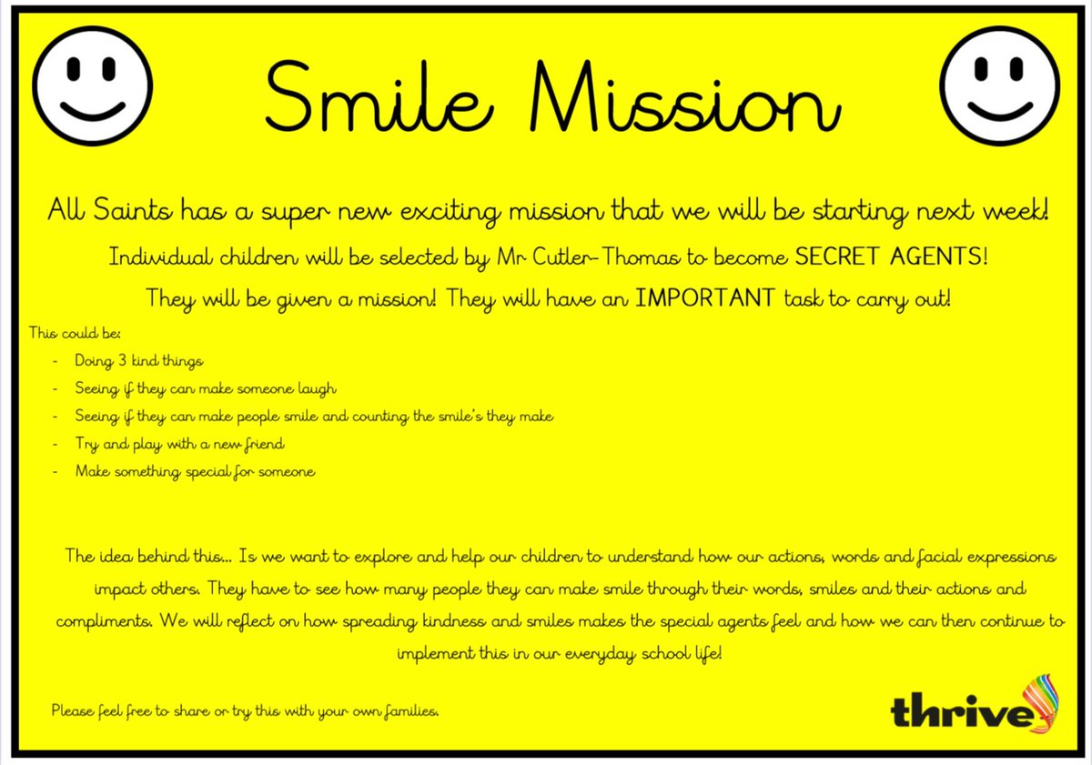 All_SaintsCofE's tweet photo. 😃 Smile Mission 😃

All Saints has a super new exciting mission that we will be starting next week!

Keep your eyes peeled ⭐️
#SmileMission #SecretAgents #SpreadingKindness @ThriveApproach https://t.co/m6Xd6MwlnF