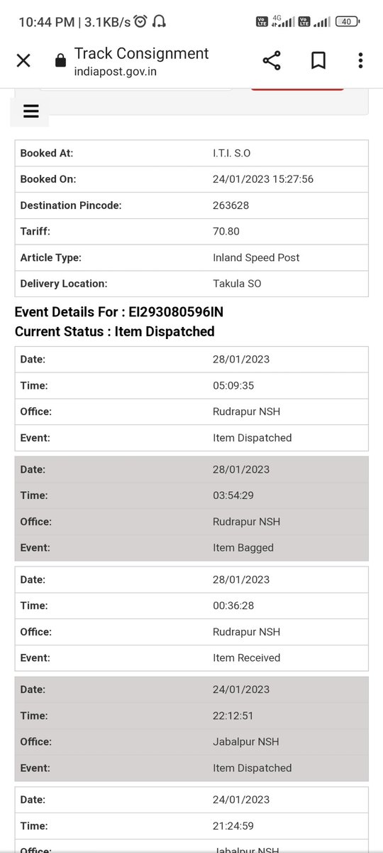 EI293080596IN mananiyaa iski location update nahi ho rahi hai or speed post book huye 7 din ho gaye hai delivery nahi hui 
<a href="/IndiaPostOffice/">India Post</a>